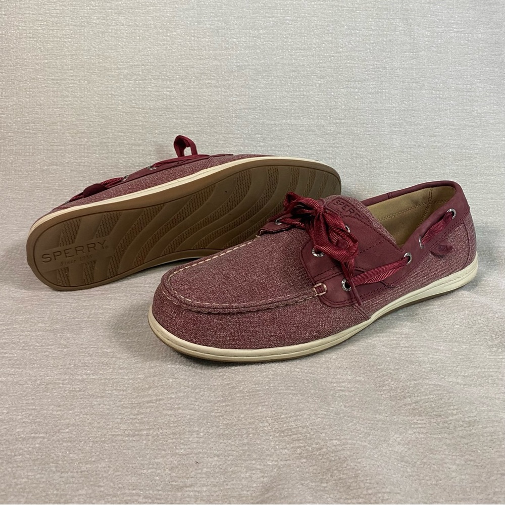 Sperry Burgundy Wine Chambray Sparkle Koifish Boat Shoes Ribbon Laces Koi Fish